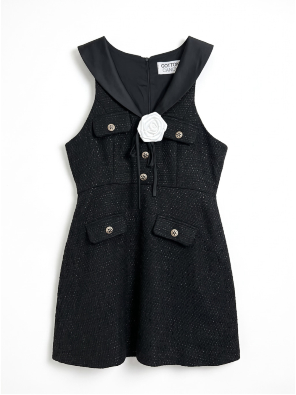 Cotton Candy Tweed A-line Black Dress Preppy Old Money Elegant Floral, Sz L